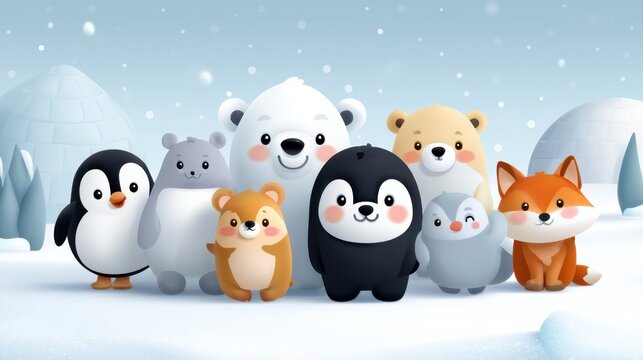 Arctic Animal Family Gathering in Snowy Landscape