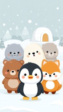Arctic Friends: Polar Animals Gathered in Snowy Landscape