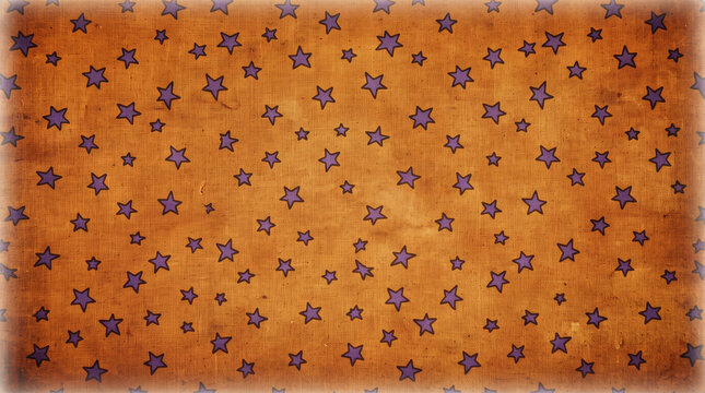 Seamless pattern of purple stars on a textured orange rustic fabric background