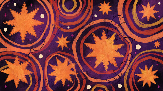 Abstract celestial background with orange stars and swirling circular patterns in a vibrant purple and orange cosmic space theme