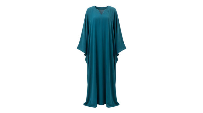 Teal blue kaftan dress with long batwing sleeves, elegant modest maxi gown, traditional silk abaya for women isolated on white background