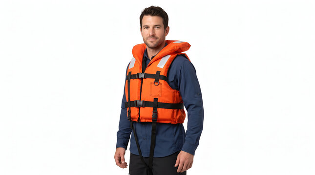 Portrait of Confident Man Wearing Safety Orange Marine Life Jacket on White Background