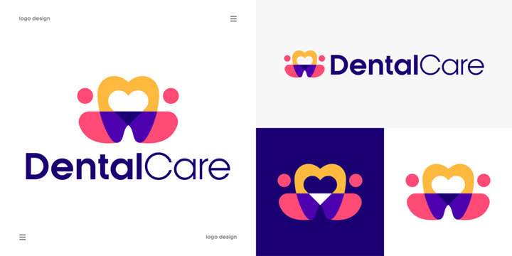 dental care logo design, family dentistry, oral healthcare, pediatric clinic and patient wellness concept, stylized tooth combined with heart and human figures, vector