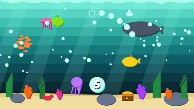 Animated underwater countdown numbers floating among colorful fish and coral