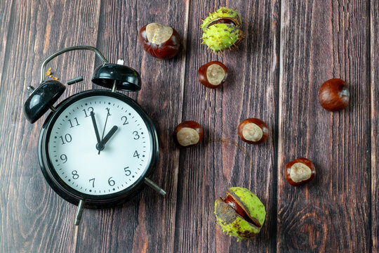 Alarm Clock with Horse Chestnuts and Autumn Leaves