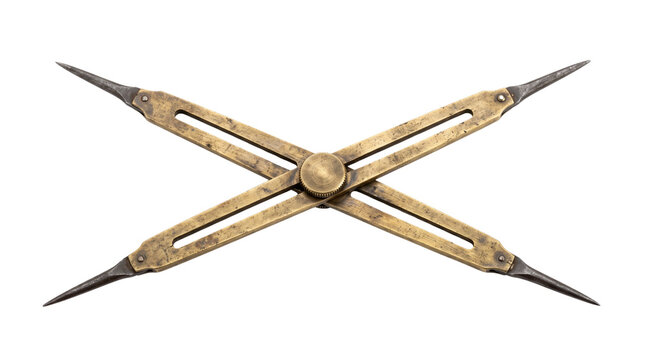 Vintage brass proportional divider tool, antique drafting compass for scale drawing, mathematical geometry instrument for architects isolated PNG with Transparent Background