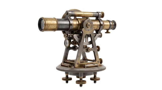 Antique brass theodolite surveying instrument, vintage scientific measuring tool for land mapping, historical engineering equipment with aged patina isolated PNG with Transparent Background
