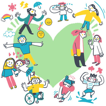 社会性と情動の学習 いろんな気持ち 緑のハートを囲む多様な子どもたちと先生 心の教育の円形フレーム
