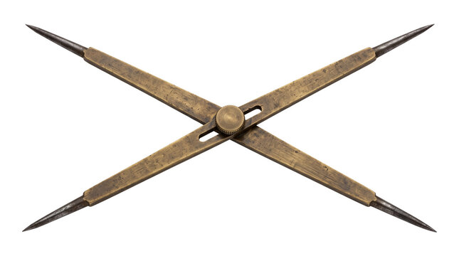 Antique brass proportional dividers, vintage drafting tool for architectural drawing, weathered metal engineering instrument for scaling isolated PNG with Transparent Background