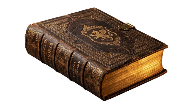 Vintage leather book with gold embossing and ornate crest, antique historical chronicle with gilded pages, medieval fantasy grimoire tome