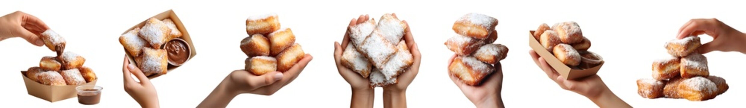 Set of hand holding pile stack group of fried powdered sugar Beignet, square donuts doughnut choux dough pastry, takeout craft box tray with chocolate dip, transparent cutout PNG Mockup