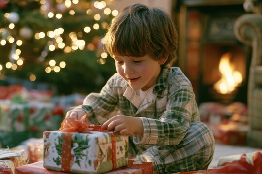 Joyful Child Unwrapping a Christmas Present by the Fireplace