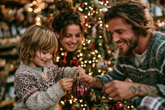 Family Shares Joy Decorating a Christmas Tree Together