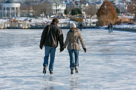 Couple Enjoying a Winter Afternoon on an Outdoor Ice Rink