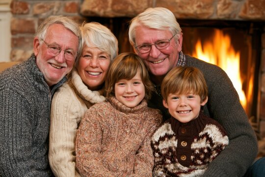 Happy Multigenerational Family Gathering by a Cozy Fireplace