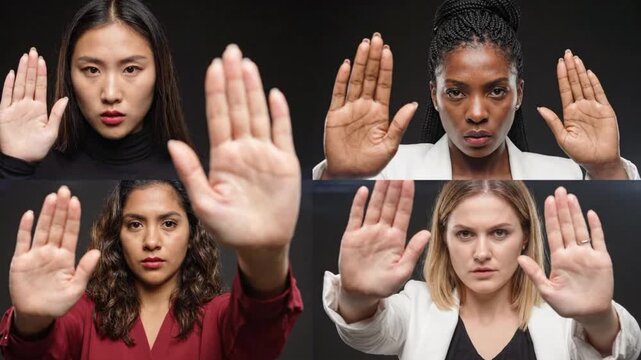 Four women face the camera and raise their hands in a studio portrait setup