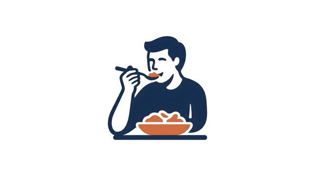 A minimalist vector illustration of a young man happily eating a meal from a bowl with a spoon, designed in a clean modern graphic style.