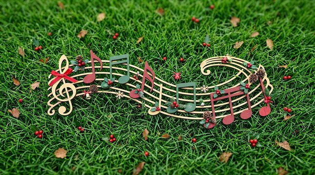 Festive holiday musical notation symbols arranged artistically over a vibrant natural green lawn texture surface creating a seasonal auditory greeting card concept christmas holiday music notes