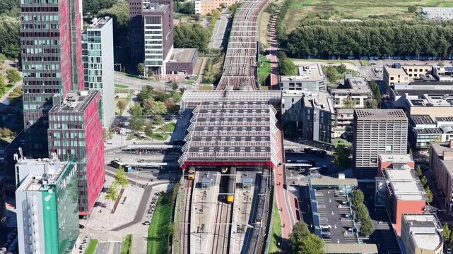 Aerial view of Almere train station and surrounding buildings