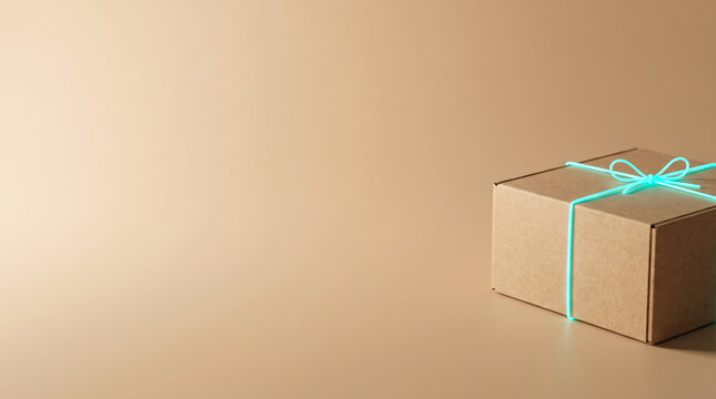Brown cardboard box tied with glowing digital blue string