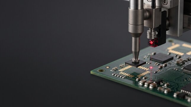 Automated SMT pick and place nozzle mounting microchip onto printed circuit board with laser alignment sensor in electronics manufacturing, concept