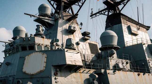 Modern military warship with advanced radar systems, electronic warfare equipment. Grey naval vessel features large dome antennas, communication tech for sea defense. Powerful combat ship uses high