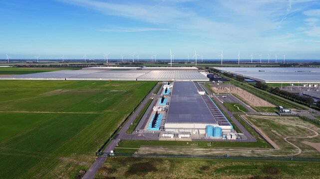 Aerial view of a large data center in Middenmeer, the Netherlands