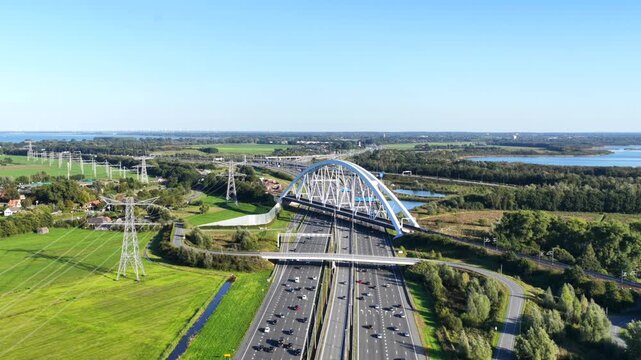 Aerial view of the Zandhazenbrug near Muiderberg over the A1 motorway
