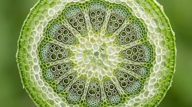 Microscopic cross section of dicot plant stem showing vascular bundles xylem and phloem cells structure