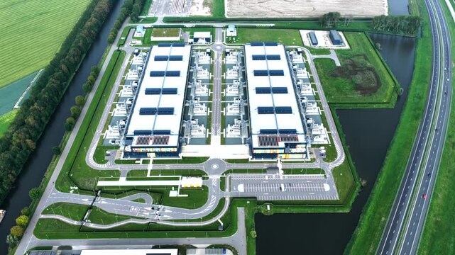 Aerial view of a large data center in Middenmeer, the Netherlands