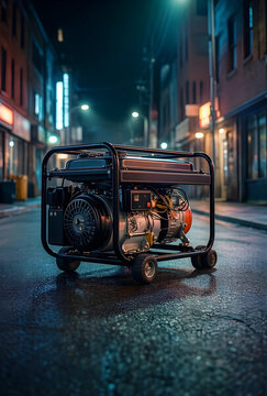 power outage emergency, portable electric generator on city street at night during blackout, energy crisis and backup power supply for urban living