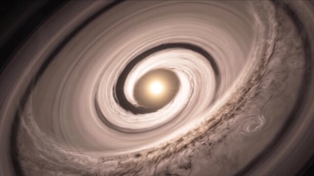 原始惑星系円盤で成長する原始惑星と渦巻くガスギャップの宇宙観測CG