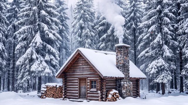 Rustic log cabin with smoking chimney in snow-covered pine forest. Lockdown wide shot of winter wilderness retreat.