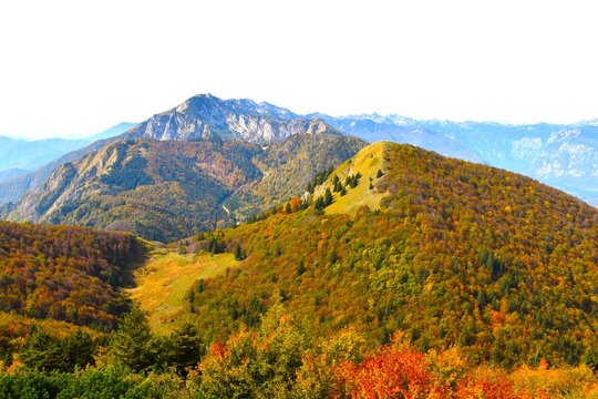 View of autumn forest covered alpine foothills with Črna Prst in the distance in Julian alps, Gorenjska, Slovenia