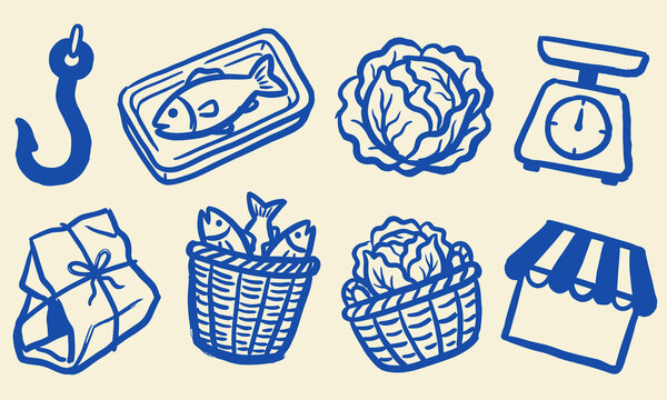 Market vector food market sketch market food in sketch grocery shop of store stall vendor produce vegetable fruit meat fish cheese bread wine basket bag cart crate organic natural