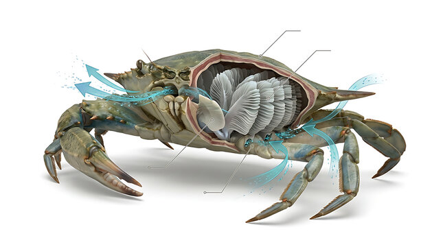 Detailed biological illustration of a crab showing internal gill anatomy and water flow respiration system