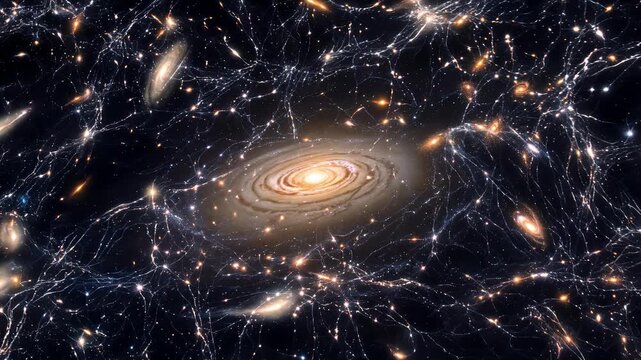 Cosmic web structure with glowing neural-like filaments and central spiral galaxy. Forward camera movement and tilt up.