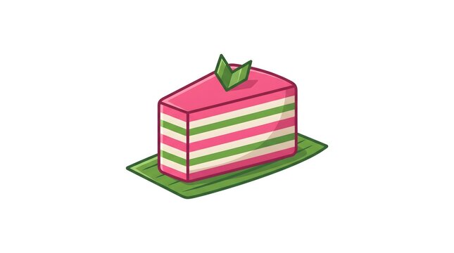 A vector illustration of a slice of kue lapis, a traditional Southeast Asian colorful layered steamed cake, served on a green banana leaf and garnished with a pandan leaf.