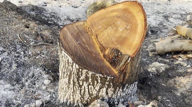 Close up of freshly cut tree stump with orange core
