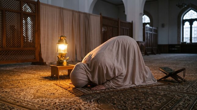 Muslim woman prostrating in sujud prayer inside quiet mosque with glowing lantern light