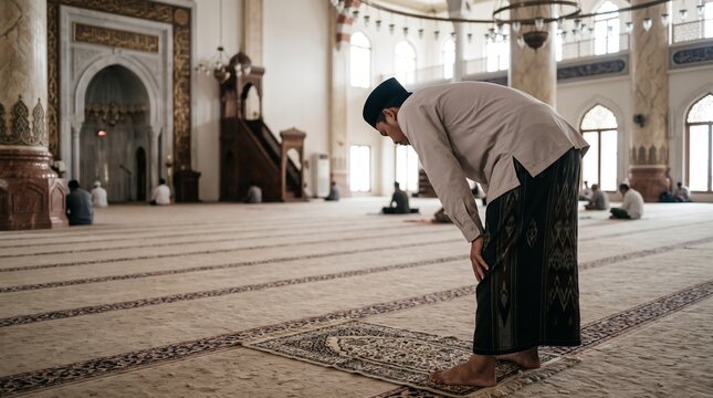 Muslim man bowing in ruku position during prayer inside grand mosque interior