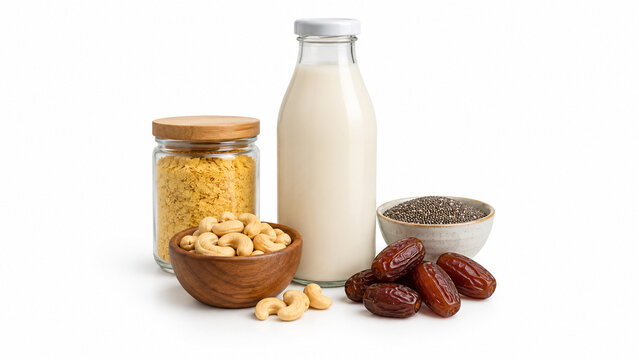 Assorted plant based pantry staples isolated on a white background