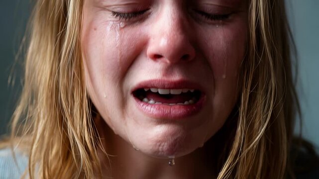 Distraught young woman crying with tears streaming down her face. Emotional breakdown and intense sadness. Close-up shot with tilting camera movement.