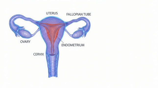 Educational anatomical illustration showing the female reproductive system with clearly labeled structures such as the uterus ovaries and cervix
