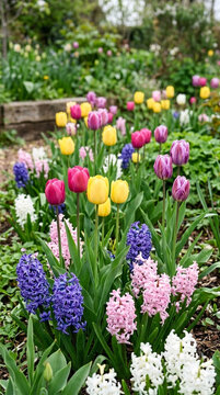 Vibrant Spring Garden Blooms Colorful Tulips and Hyacinths in Full Flower