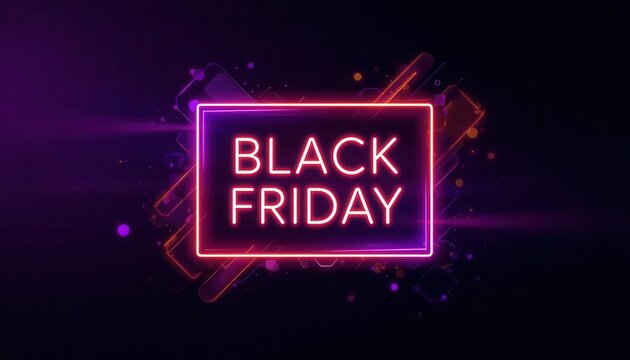 Neon Black Friday Sale: A vibrant neon sign in glowing pink and purple hues spells out BLACK FRIDAY against a dark, abstract background with shimmering particles.