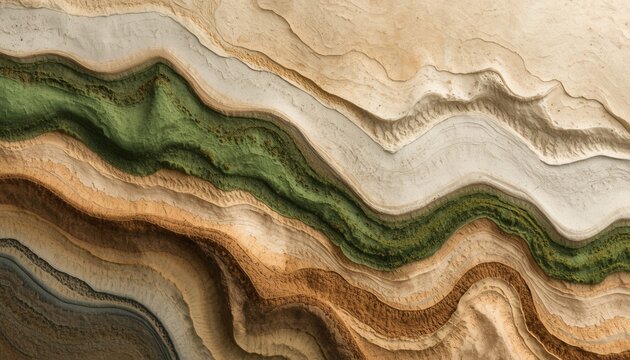 Abstract Earth Layers: An abstract aerial view of layered earth with hues of brown, green, and tan, evoking geological strata and natural textures.