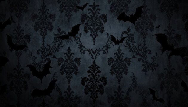 Gothic Bats on Damask Wallpaper: A haunting scene of silhouetted bats fluttering against a dark, ornate damask wallpaper, creating an atmosphere of mystery and gothic allure.