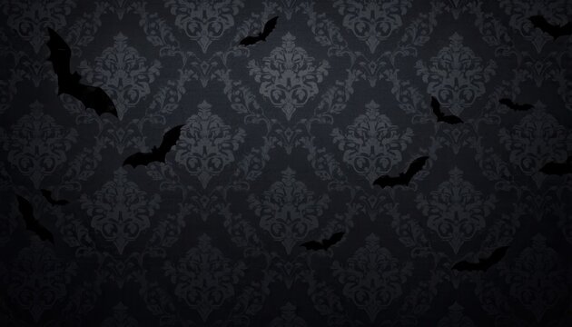 Eerie Bat Swarm Against Damask Wallpaper: A flock of dark bat silhouettes flits eerily against a vintage, ornate damask wallpaper background.