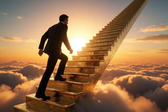 Businessman climbs golden ladder towards bright sun in sky. Man in suit ascends stairs above white clouds at sunset. Concept of career success, motivation, reaching goals. Ambitious leader moves